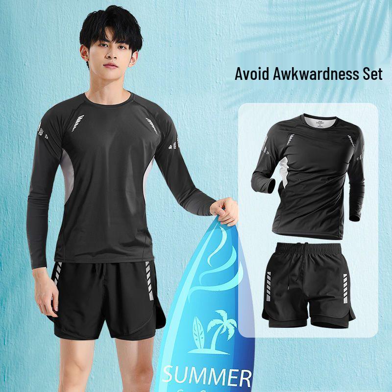Men's Anti-Embarrassment Swimsuit Set: Square Leg Trunks & Full Swim Gear for Surfing and Diving