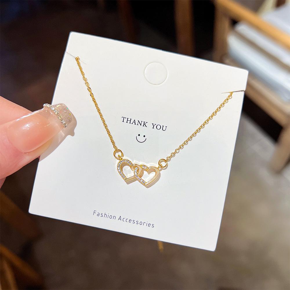 Edelstahlkette Goldfarbe Romantischer Zirkon Doppelherz Anhänger Halsketten für Damen Mädchen Zarte Accessoires Geschenke