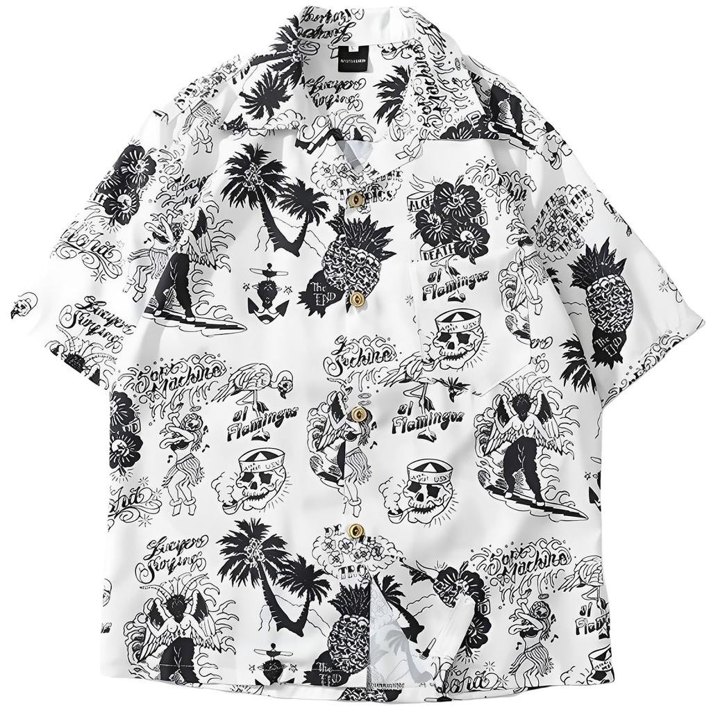 Aspersio Short Sleeve Aloha Top with Ora Slightly White Men's Shirt, All-Over Print, Stylish, Open-Collar Skull, Button-Down, Pineapple, Hibiscus,