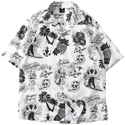 Aspersio Short Sleeve Aloha Top with Ora Slightly White Men's Shirt, All-Over Print, Stylish, Open-Collar Skull, Button-Down, Pineapple, Hibiscus,