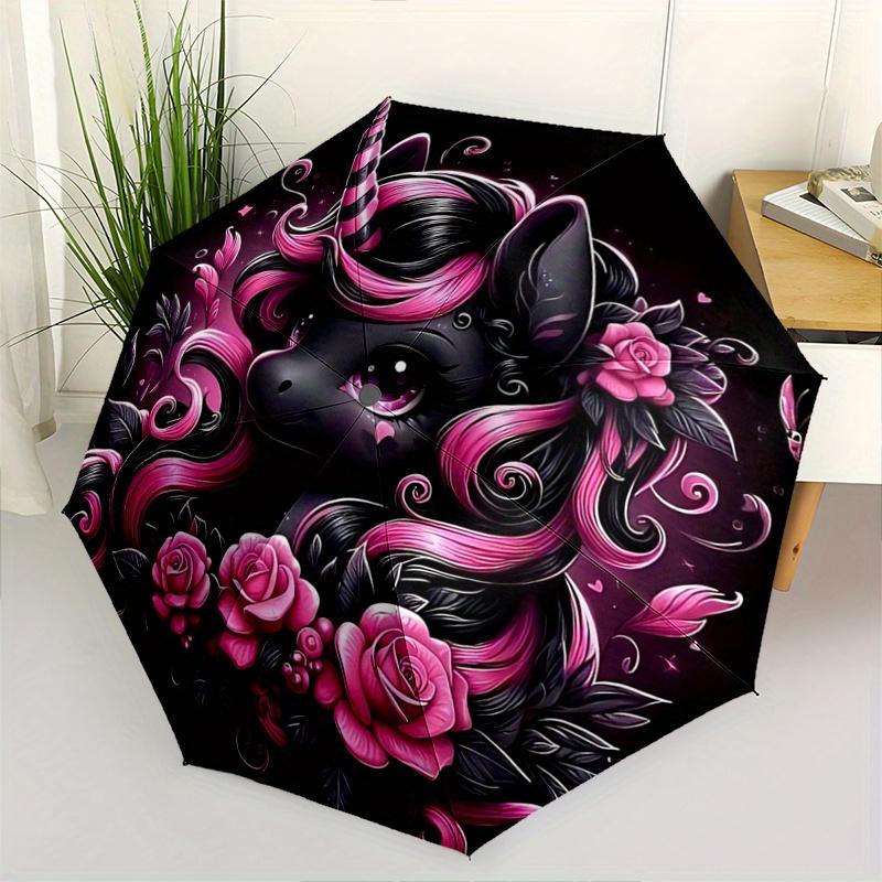 

1pc Noble Black Unicorn Durable Cartoon Folding Umbrella, Portable 3-Fold Compact Umbrella for Men and Women, Suitable for Travel or Daily Use.G073