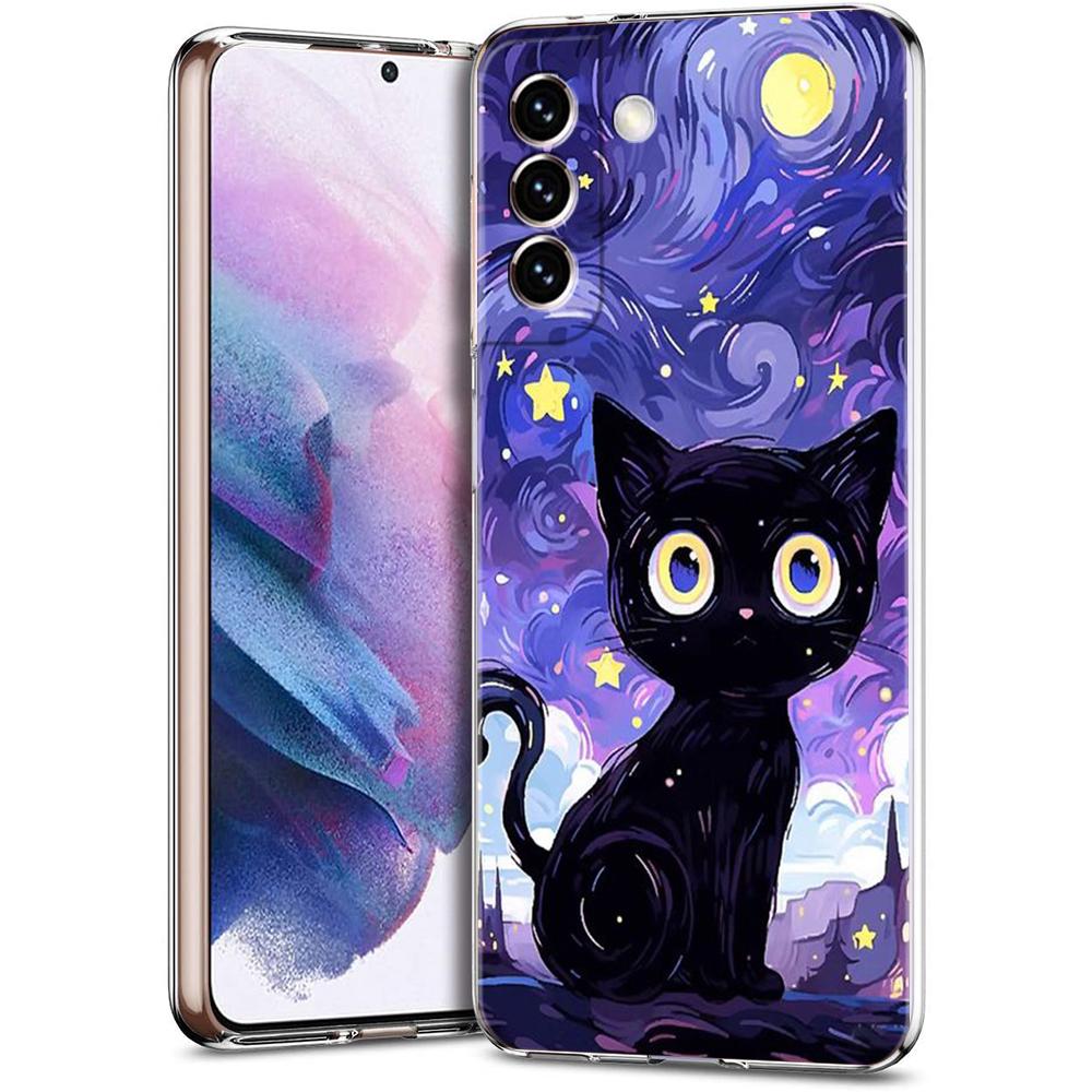 Artistic Black Cat Starry Night Phone Case For Samsung Galaxy S24 Ultra S23 FE S22 S20 S21 5G S10 S9 Plus S10E S8 Clear Cover