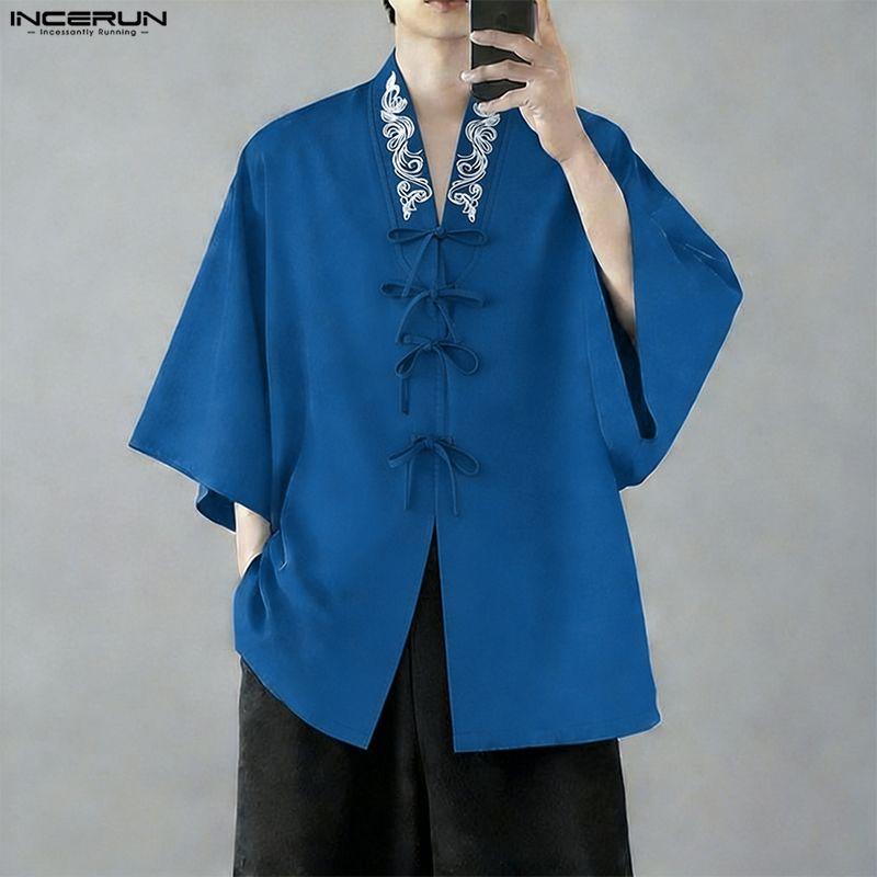 INCERUN Übergroße Herren Reverskragen 3/4 Ärmel Print Retro Knoten Lässig Locker Strickjacke Hemden Oberteile