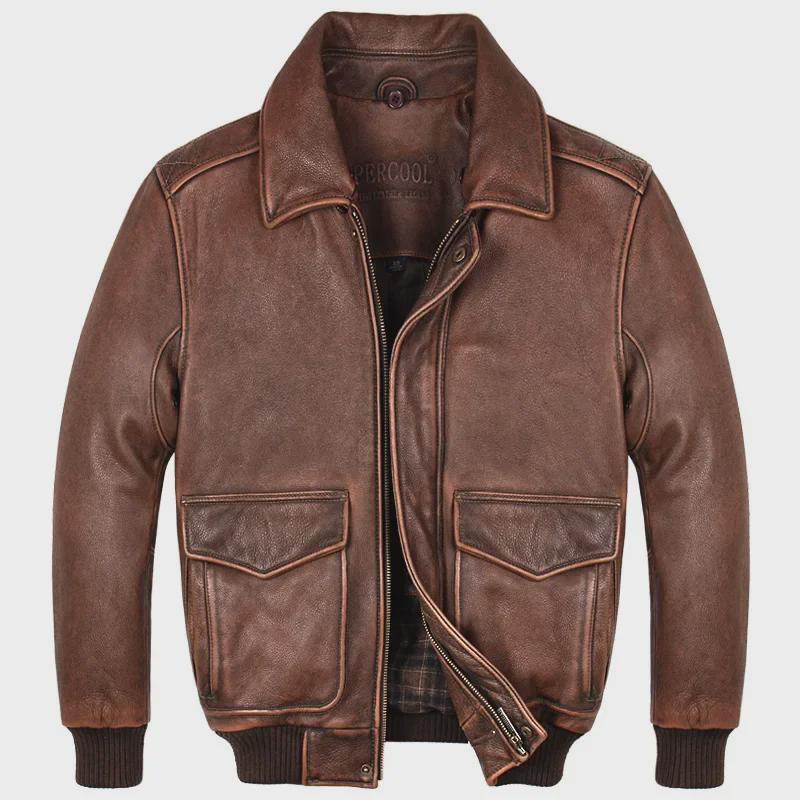 Men's Genuine Leather Pilot Jacket - Thick Cowhide, Casual Large Size, Autumn/Winter Coat