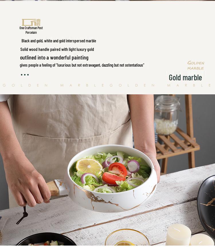 Nordische Minimalistische Keramikschüssel mit Marmormuster und Holzgriff