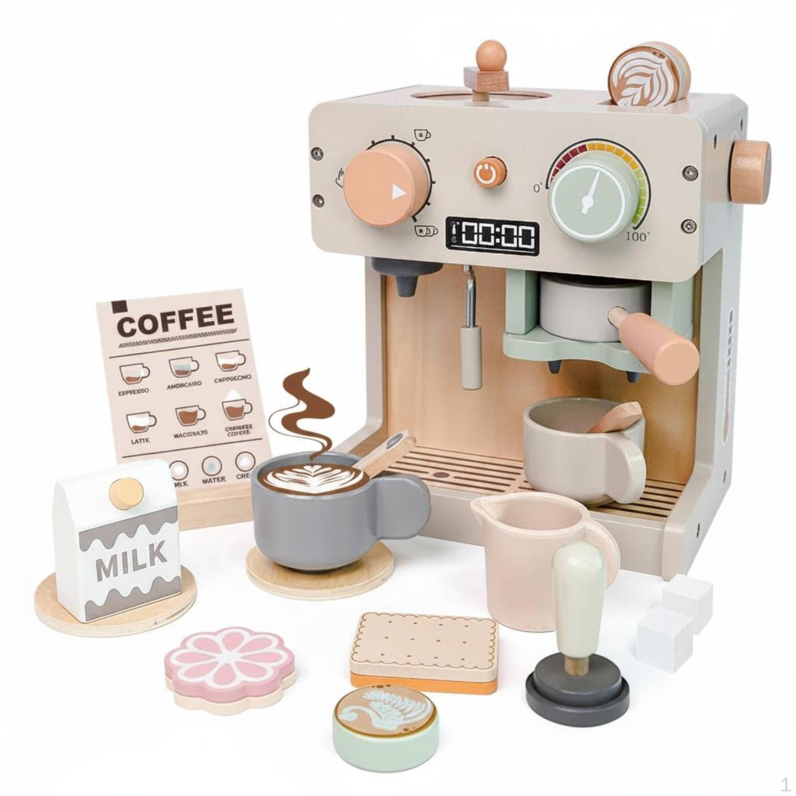 12 Pieces Wooden Coffee Machine Toy Role Play Maker Realistic Design Child Plaything