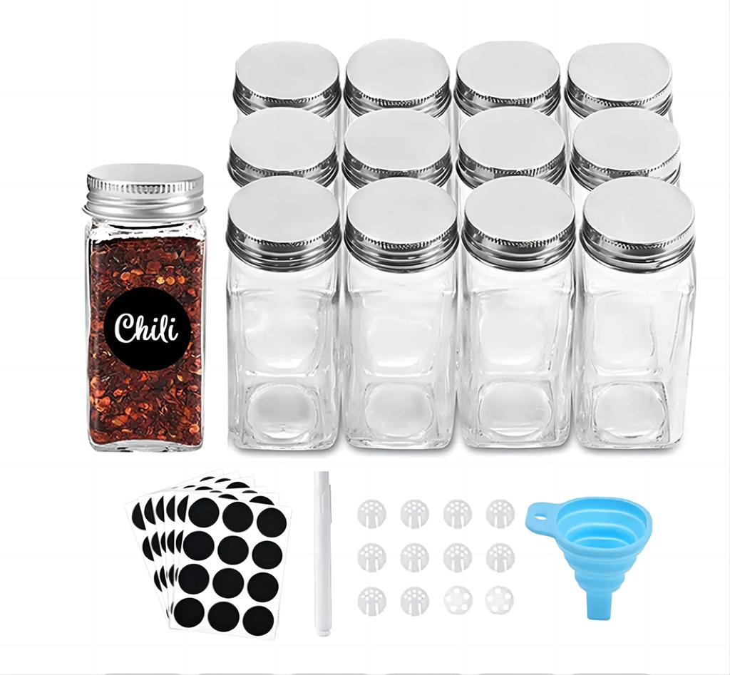 12pcs Wood Cover Glass Spice Jars Square Transparent Seasoning Storage Bottles Kitchen Salt Spices Ground Pepper Sealing Tools