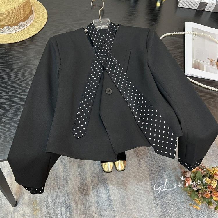 

Elegant European Dot Bow V Neck Contrast Color Patchwork Blazer Thin Suit Jacket M