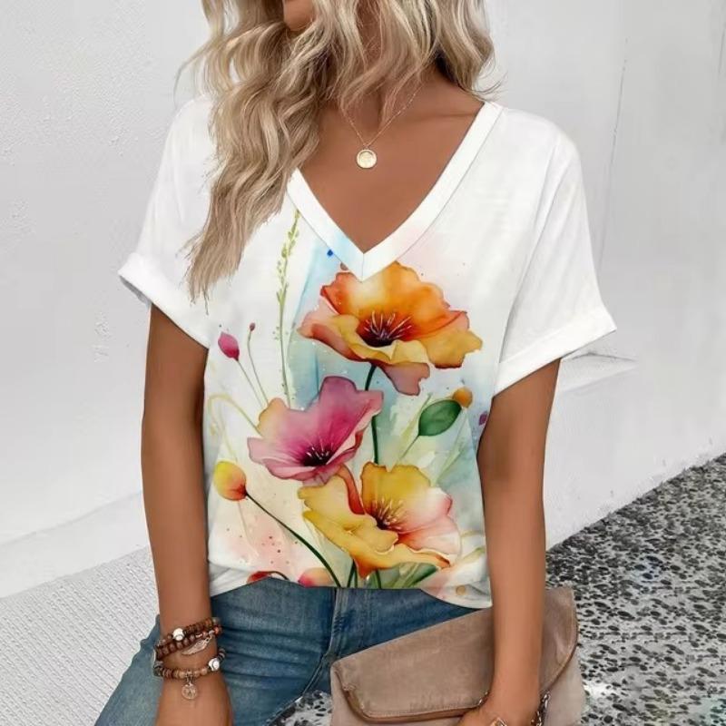 Dam V-ringad T-shirt Retro Elegant Blommönster Mode Tryck T-shirt Sommar Fritid Dam Populär Kortärmad T-shirt
