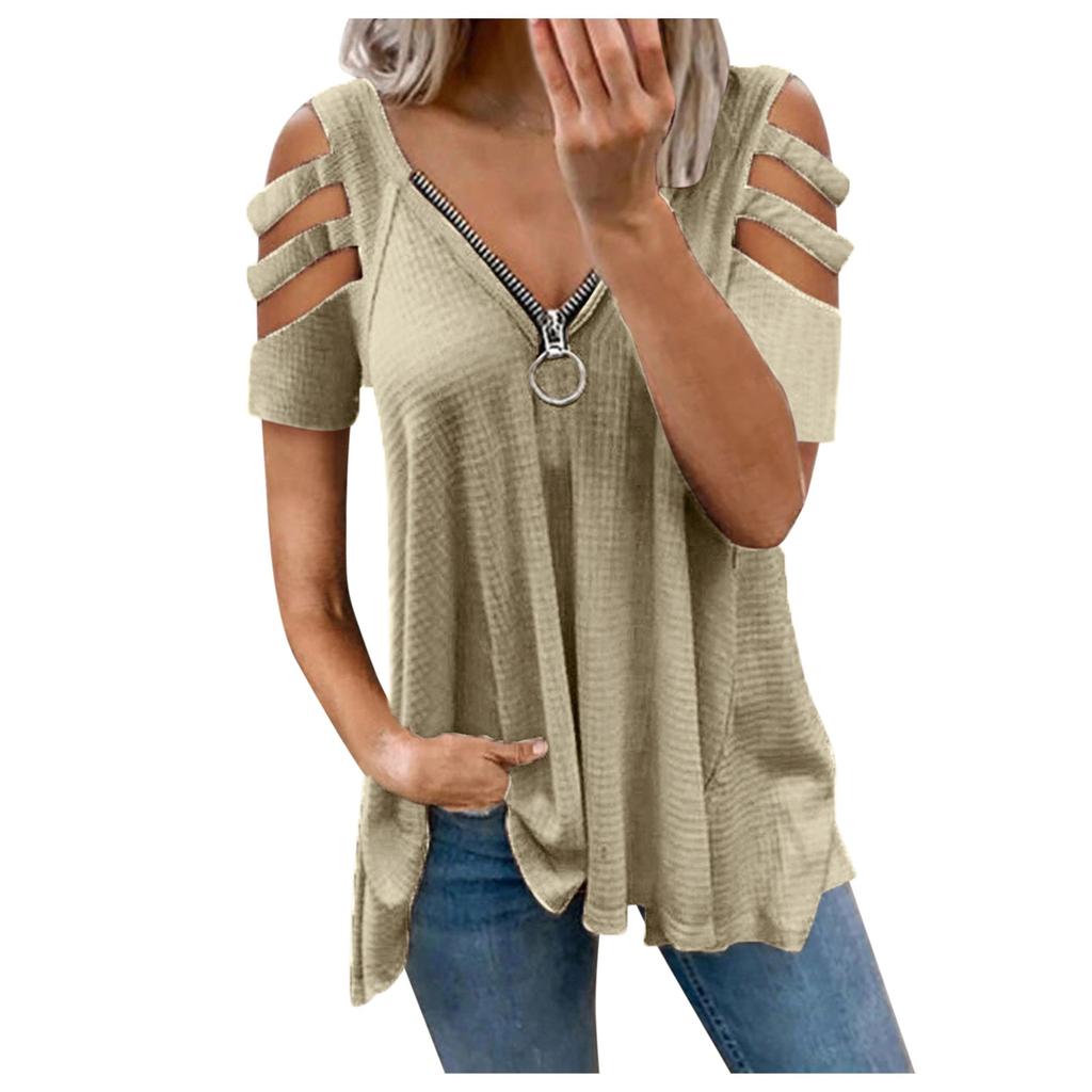 Womens Sexy V-neck Collar Zipper Color Short Sleeve Fold Casual Blouse Tops