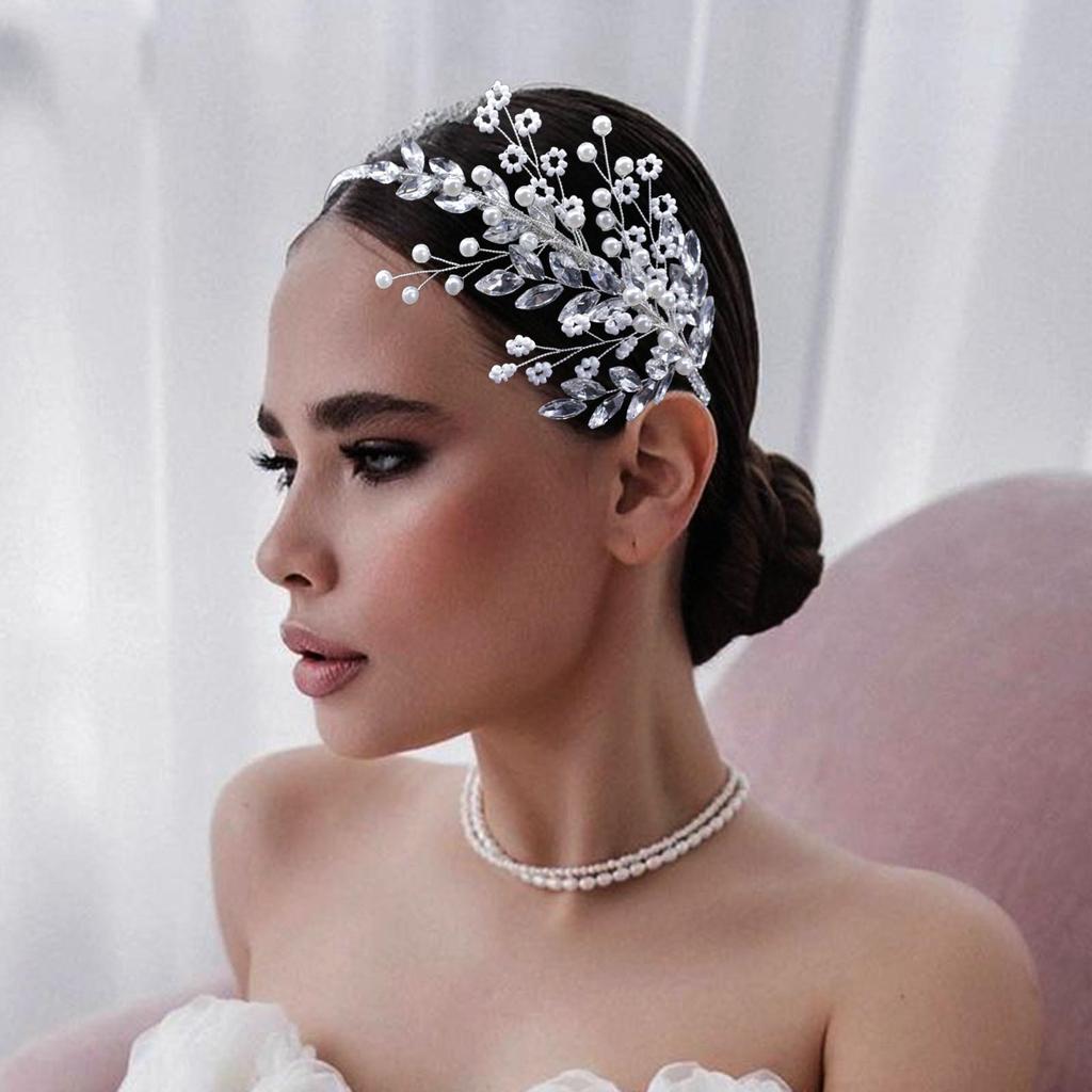 Double Row Pearl Rhinestone Claw Chain Headband with Wedding Veil