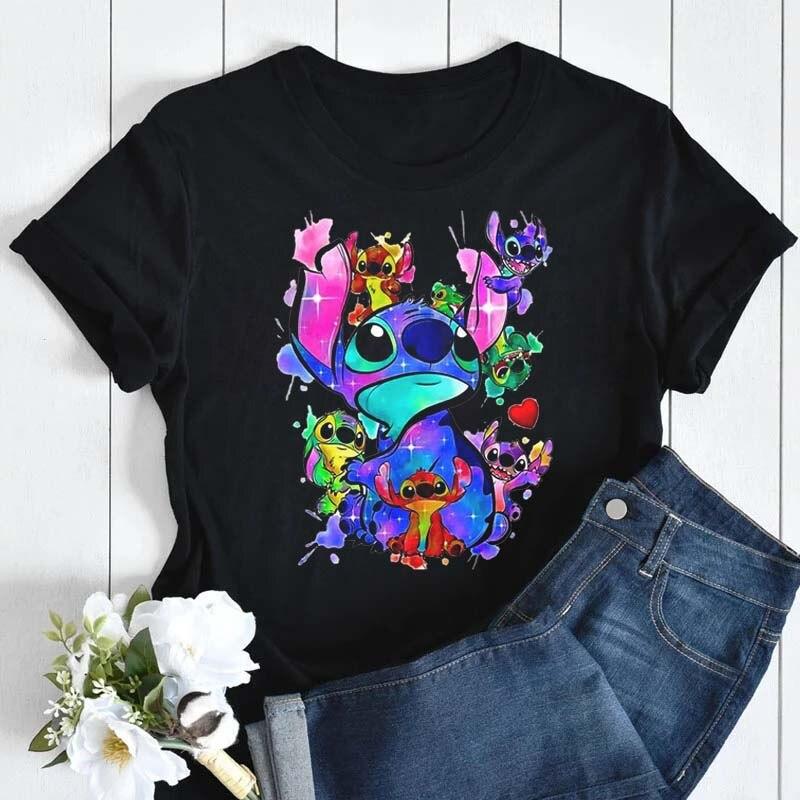 

Disney Kawaii Lilo Stitch Забавный мультфильм Футболка Женщины Сшить Симпатичная печатная футболка Графическая футболка Уличная одежда Топ Тройники Женщины