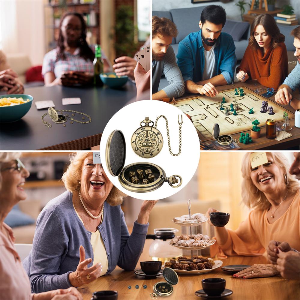 Vintage Bronze/Grau Schwarz Taschenuhrgehäuse mit Mini Unterhaltungswürfeln Taschenkette Geburtstagsgeschenke