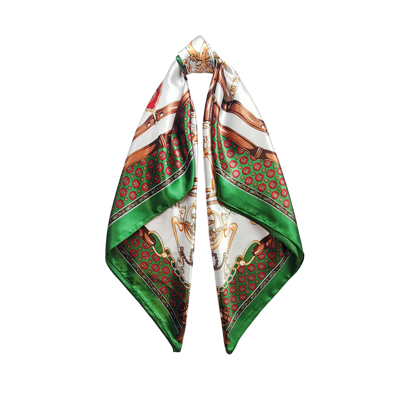 90cm Scarf: Women’s Versatile Faux-Silk Vintage Headscarf with Chain Print 90x90cm