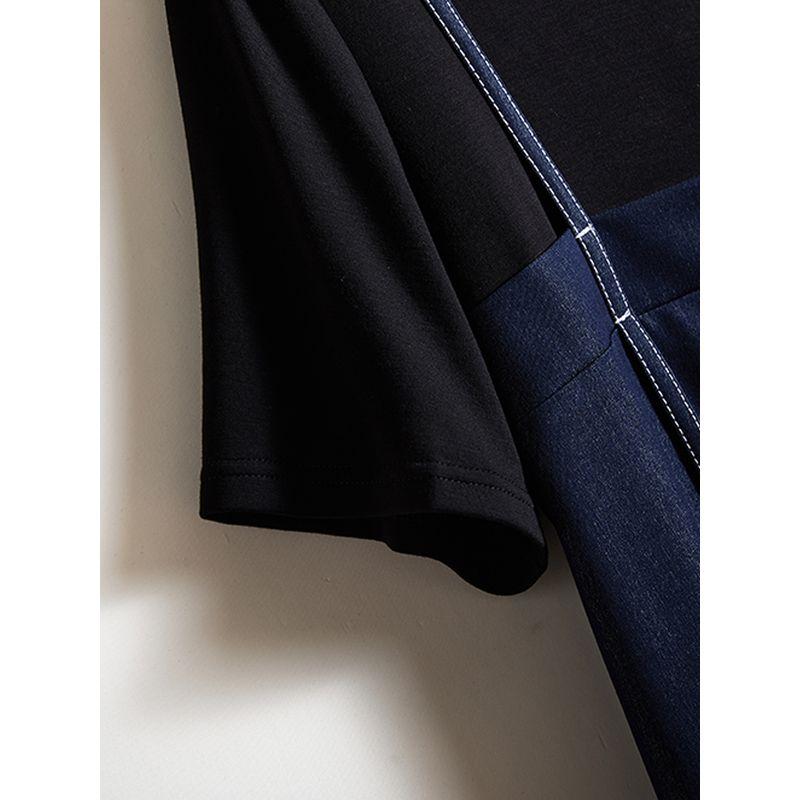 Variety Lady Fake Two-Piece Skirt! Summer round Neck Washed Anti-Wrinkle Denim Cotton Strap Element A- line Dress