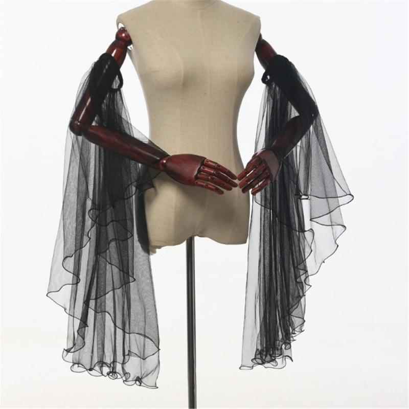 Luvas Longas de Tule Vitorianas Femininas Góticas Preto/Branco Chiffon Mangas Removíveis Vampiros Bruxa Fantasia Cosplay Presentes
