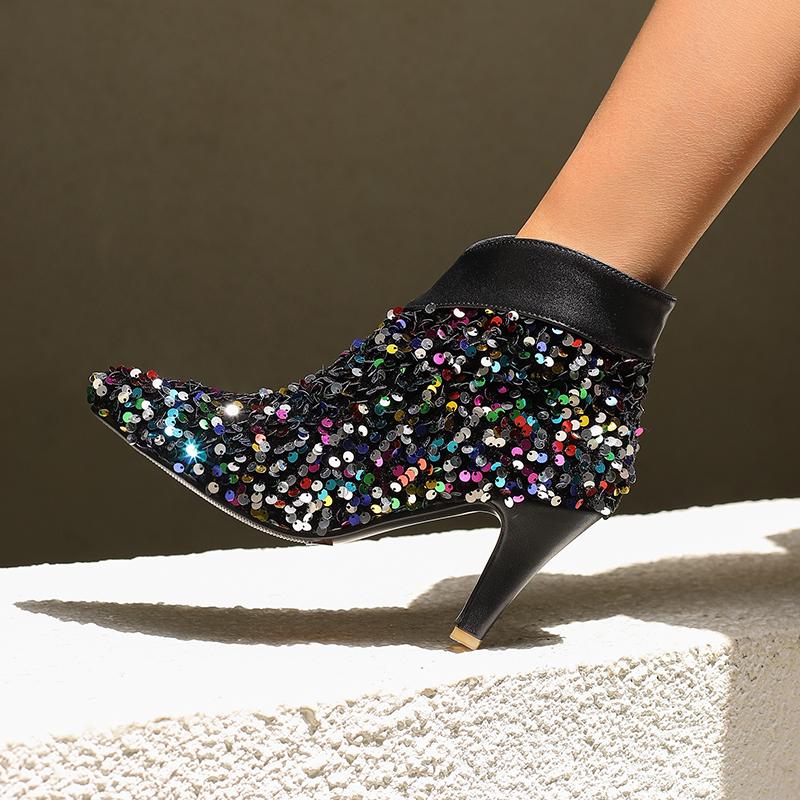 Colourful Sequin Boots Women's Bling Bling Cowboy Western Ankle Boots 8cm Heels Shoes