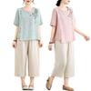 Mid-Age Women's Summer Cotton Linen Embroidered Two-Piece Set: Short Sleeve Top & Pants, Plus Size, Loose Fit