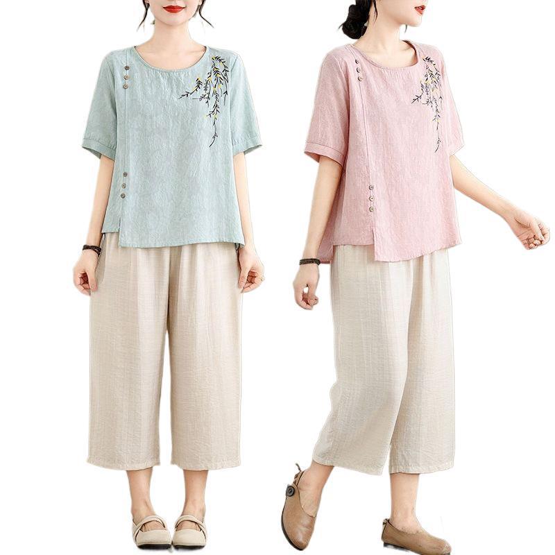 Mid-Age Women's Summer Cotton Linen Embroidered Two-Piece Set: Short Sleeve Top & Pants, Plus Size, Loose Fit
