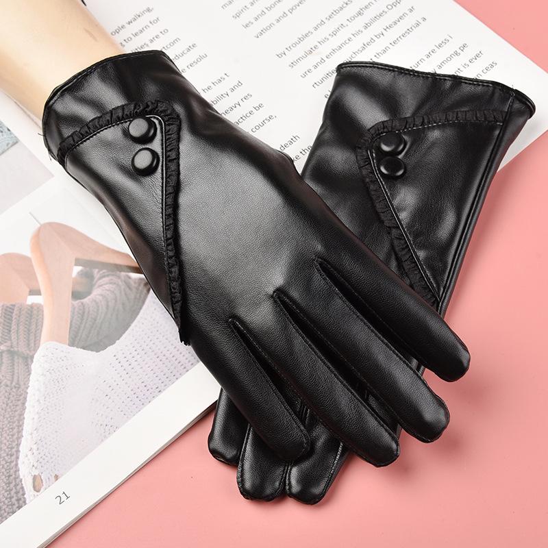 Winter Warmth Plus Velvet Short Thin Touch Screen Driving Women Leather Gloves