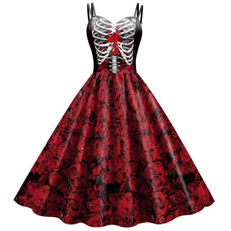 Source Women's Dress Halloween New Dress Suspender Skeleton Skull Head Digital Printing Dress Women