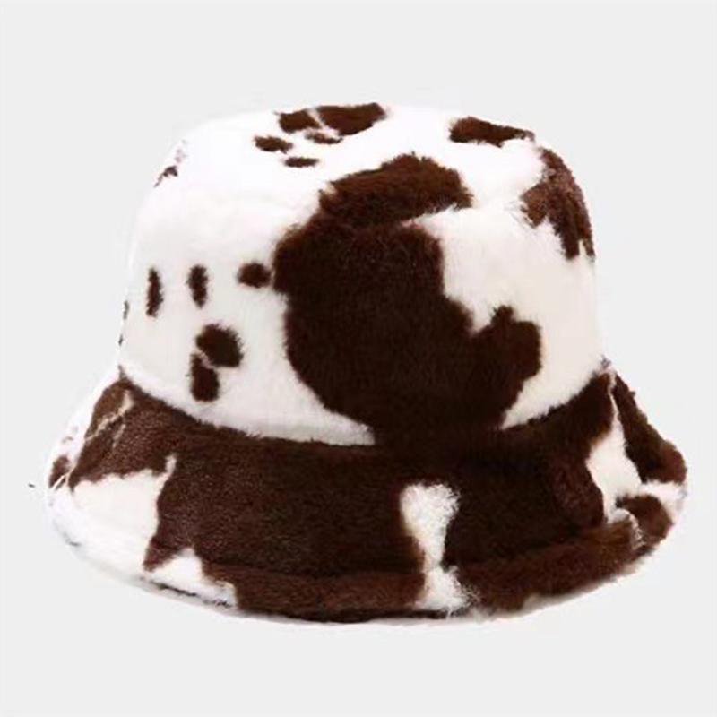Winter Kuhmuster Kunstfell Flauschige Fischerhüte Outdoor Warm Damen Herren Verdicktes Kaninchenfell Eimerhut Winddichte Panama-Kappe 56CM-58CM black