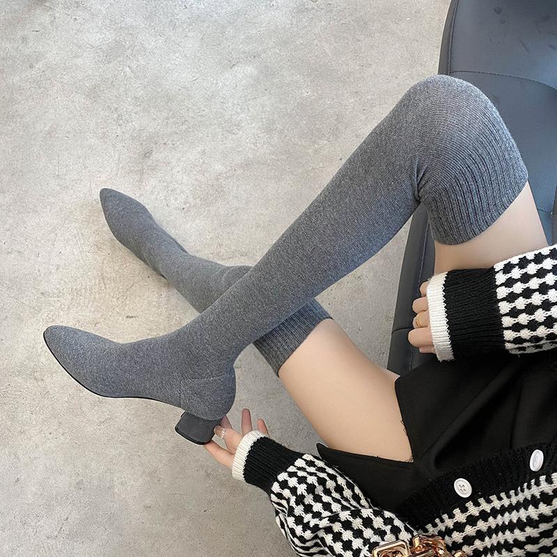 Autumn Winter Women Elastic Slimming Sock Loots Fashion Female Low Heel Over The Knee High Booties