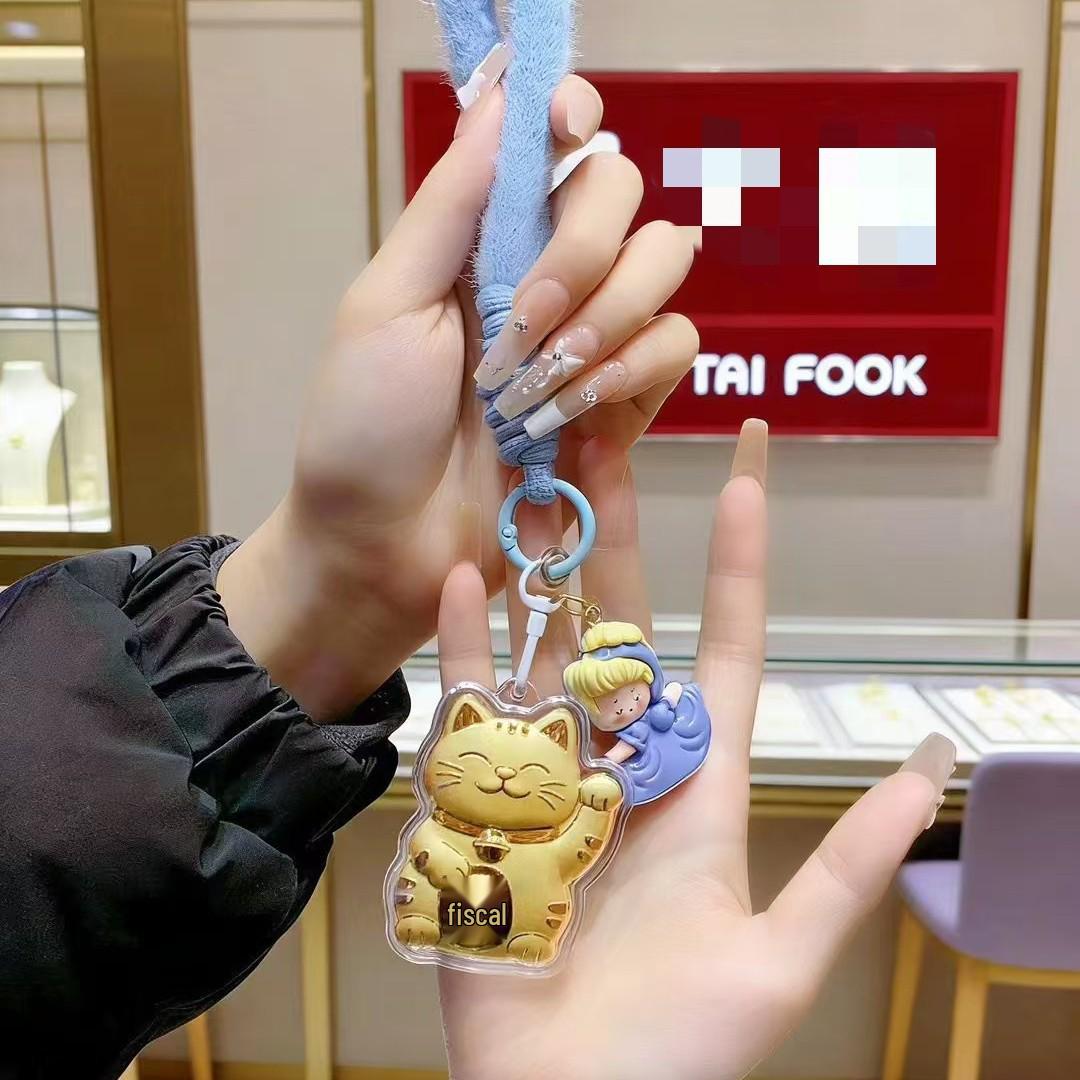 999 Pure Gold Lucky Cat Keychain Pendant - Cute Cartoon Bag Charm Gift