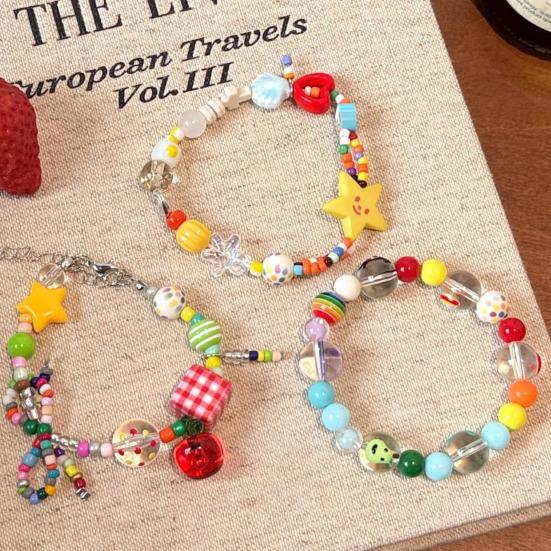 Bracelet Handmade Texture Matching Beads Heart Star Fruit Decor Kids Bracelet Contrasting Color Design Elastic Cord Wristband