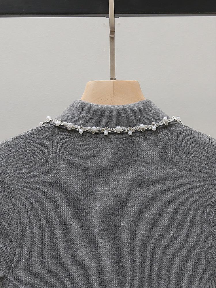 Nanyou Women's Autumn New Fragrant Style Beaded Turn-Down Collar Slim-Fit Knitted Sweater