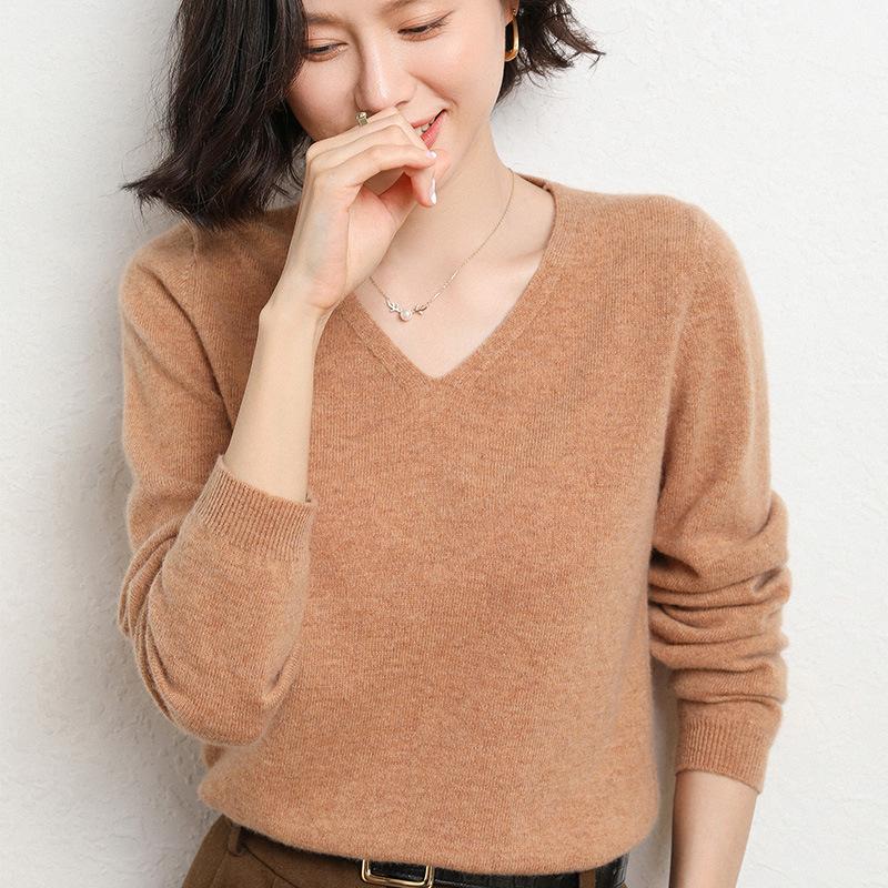 Women's V-Neck Knit Sweater Long Sleeve Loose Solid Color Pullover