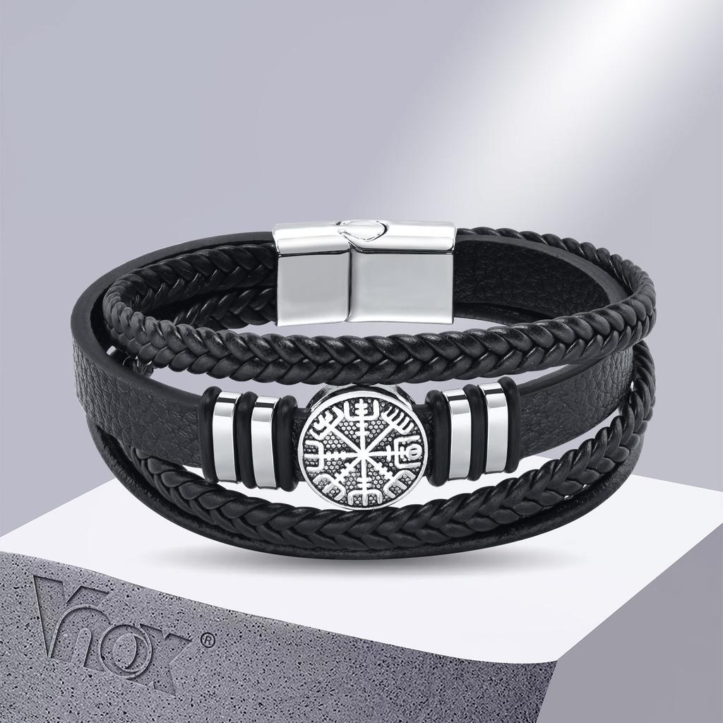 Nordic Viking Bracelets for Men Boys, Black Leather Bracelet Men, Birthday and Christmas Gifts for Dad, Father, Husband, BFF