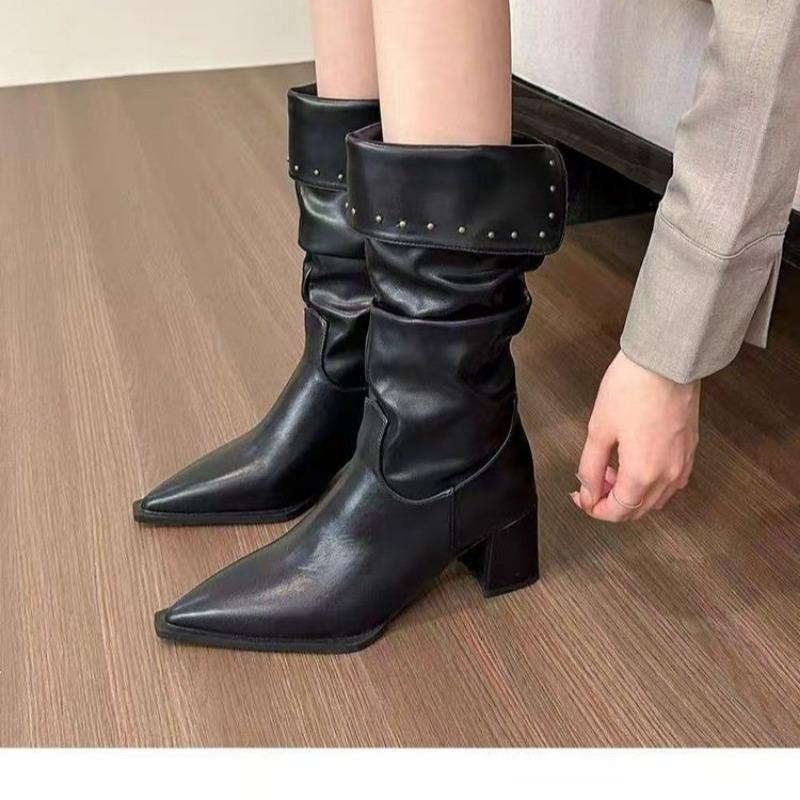 Turned Over Edge Pointed Toe Modern Boots Mid-calf Square Heel Ladies Shoes on Sale 2024 High Quality Slip-on Mid Heel Boots