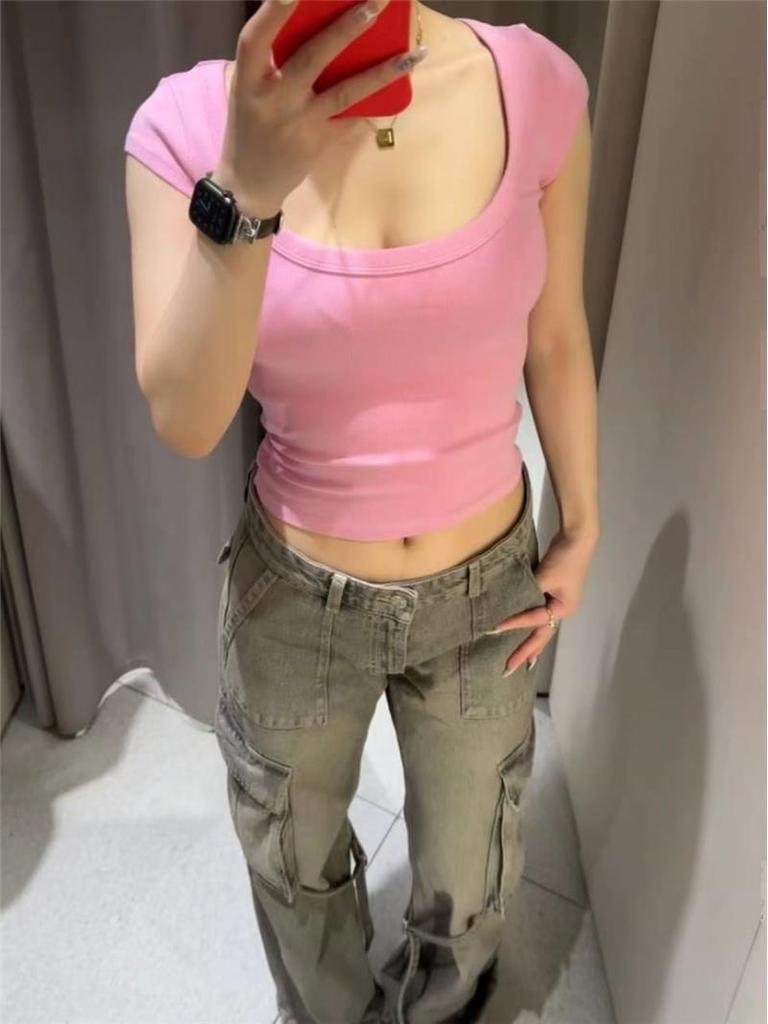 Women's Summer Sweet & Spicy Slim Fit Round Neck Ribbed Cotton T-Shirt, Short Sleeves