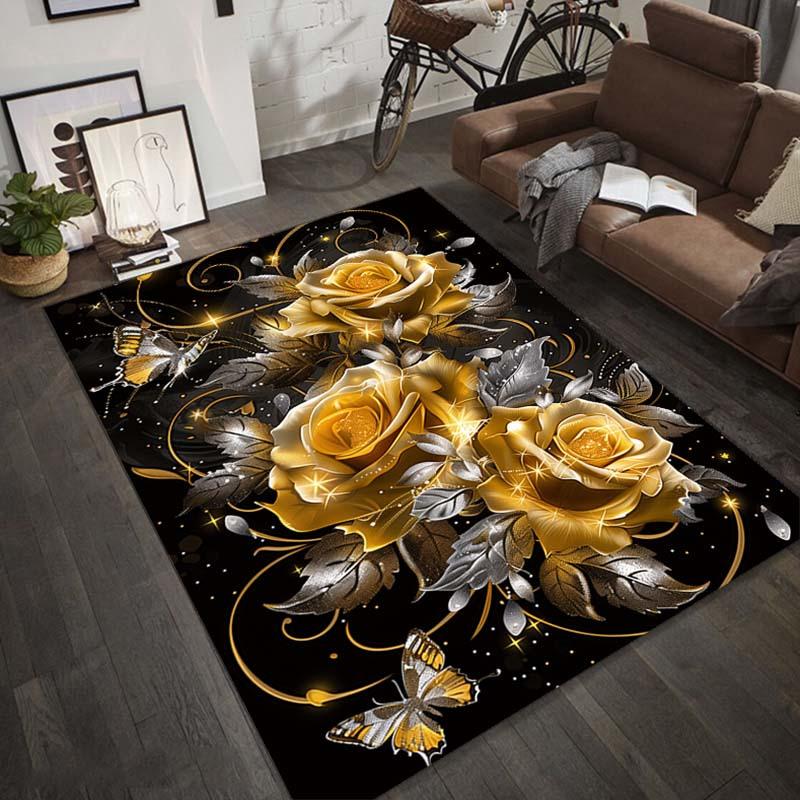 Alfombra de Franela con Estampado de Rosas Doradas y Mariposas Interior Exterior Alfombra Suave para Sala de Estar Jardín Decoración Elegante Diseño Artístico
