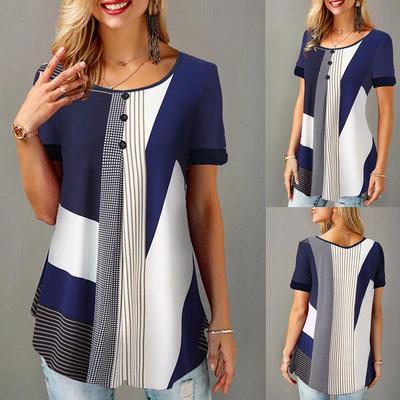 2023 European & American Style Plus Size Printed Round Neck Button Pullover Short Sleeve Women's T-Shirt