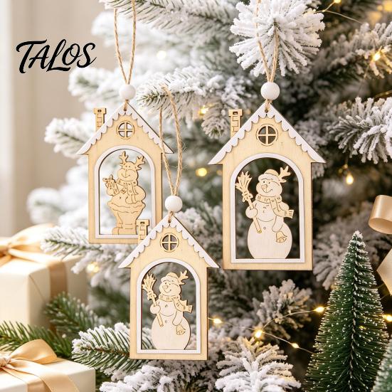Rustic Christmas Garland Decor Wooden House Snowman/Reindeer Hanging Ornament, DIY Xmas Pendant with Farmhouse Hemp Rope for Home Window & Holiday