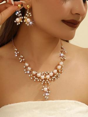 High-end Imitation Pearl And Diamond-encrusted Jewelry Necklace And Earring Two-piece Set