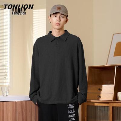 TonLion Men's Waffle Knit Long Sleeve Polo Shirt