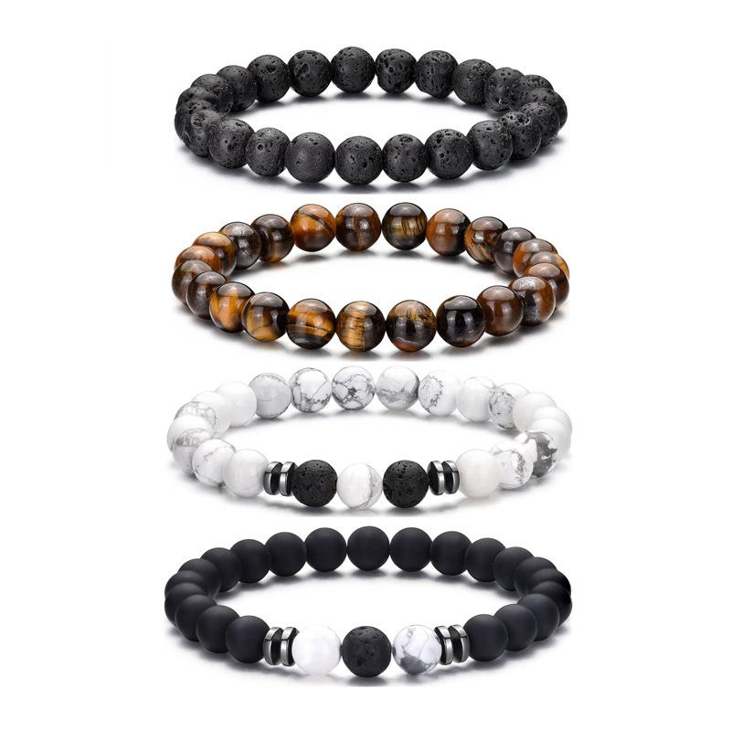 4-Piece 8mm Men s Tiger Eye Volcanic Stone and White Turquoise Beaded Bracelet Set Gift