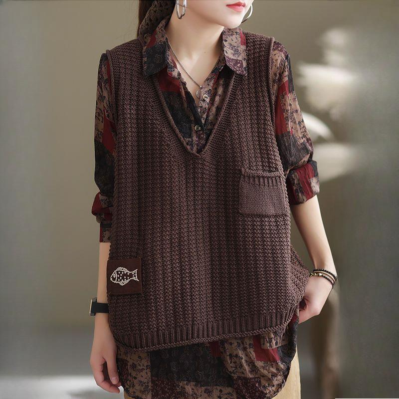 Women's Korean-Style Loose Outer-Wear Versatile V-Neck Pullover Thin Hollow-Out Sleeveless Knitted Sweater Vest Cardigan Trendy