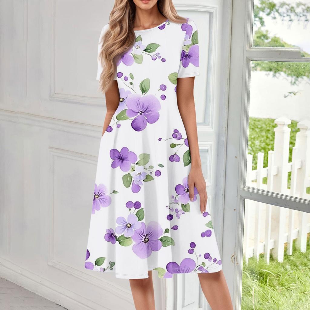 Women's Casual Fashion Round Neck Short Sleeve Floral Print Midi Dress