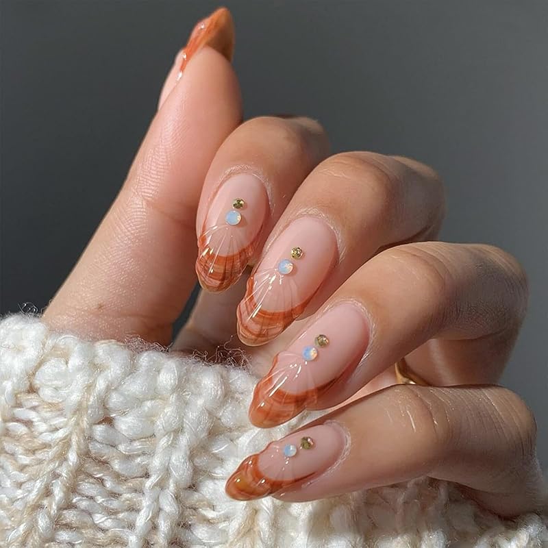 

Almond Press on Nails Medium Fake Nails White French Tip Acrylic Nails Nude Pink False Nails with 3D Gold Flower Designs Glossy Stick on Nail A14