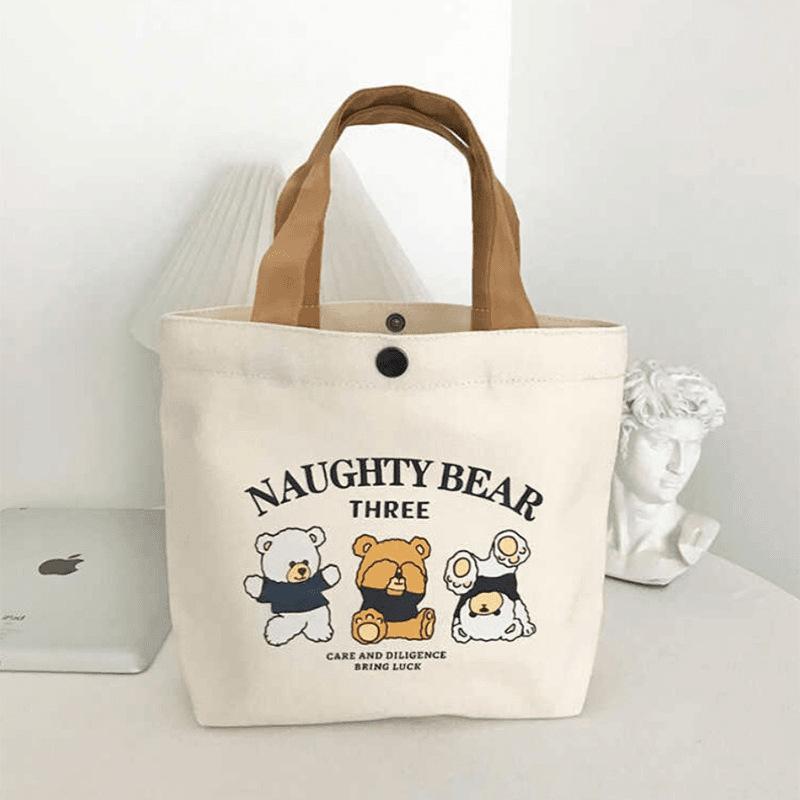 Bear Canvas Bag, Portable Tote Bag, Small Cartoon Canvas Bag for Lunch Boxes, Versatile and Simple Carrying Bag