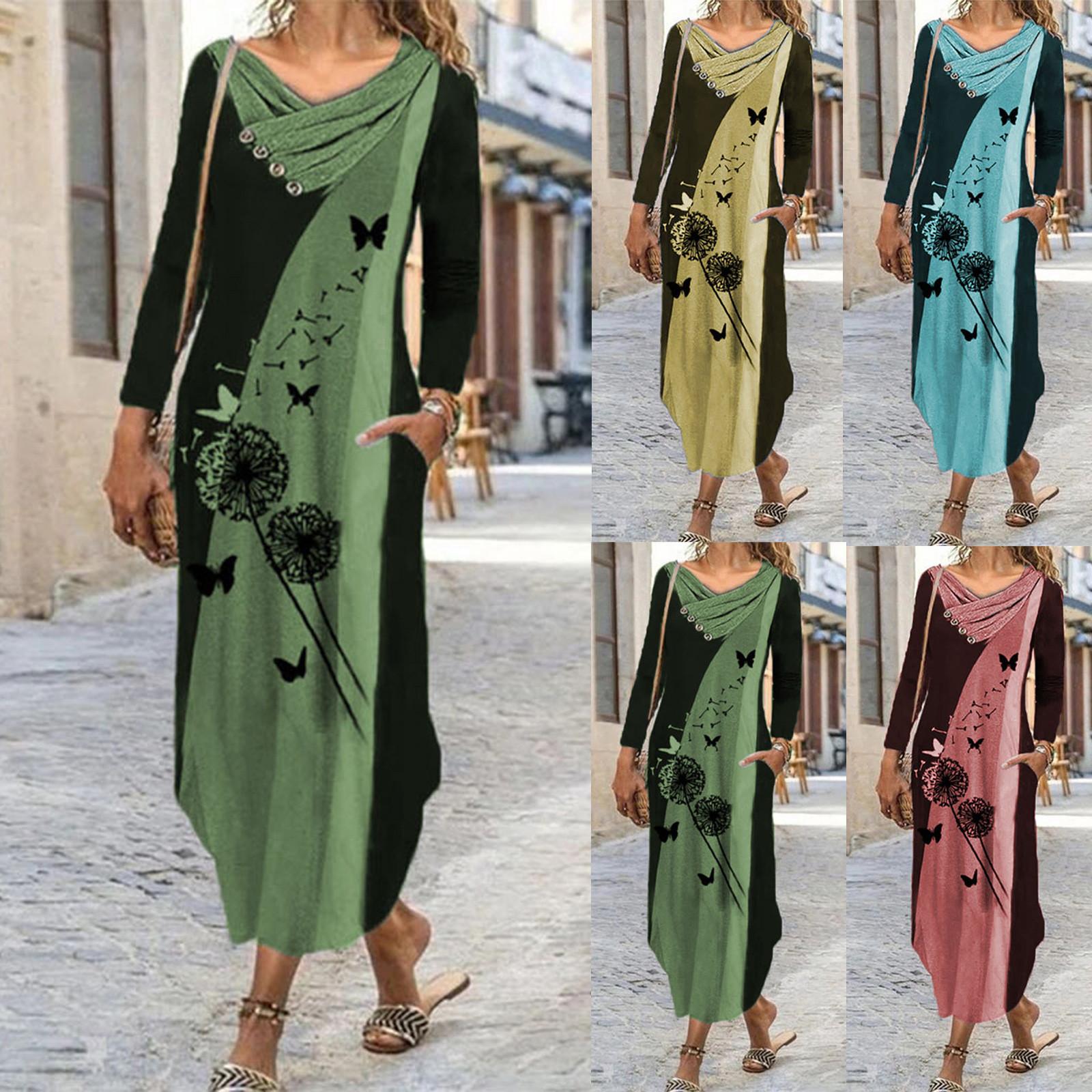 

Модное женское платье с длинным рукавом с v-образным вырезом и принтом, свободное повседневное длинное платье