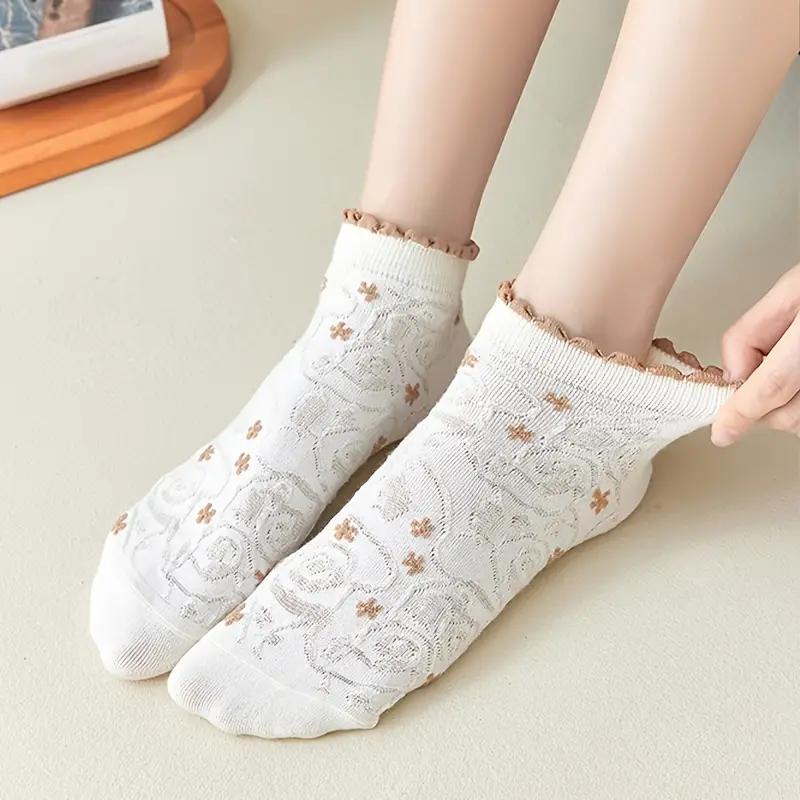 5pairs Retro Cottage Style Textured Floral Socks , Ruffle Trim Cute Socks For Dresses , Women's Stockings & Hosiery
