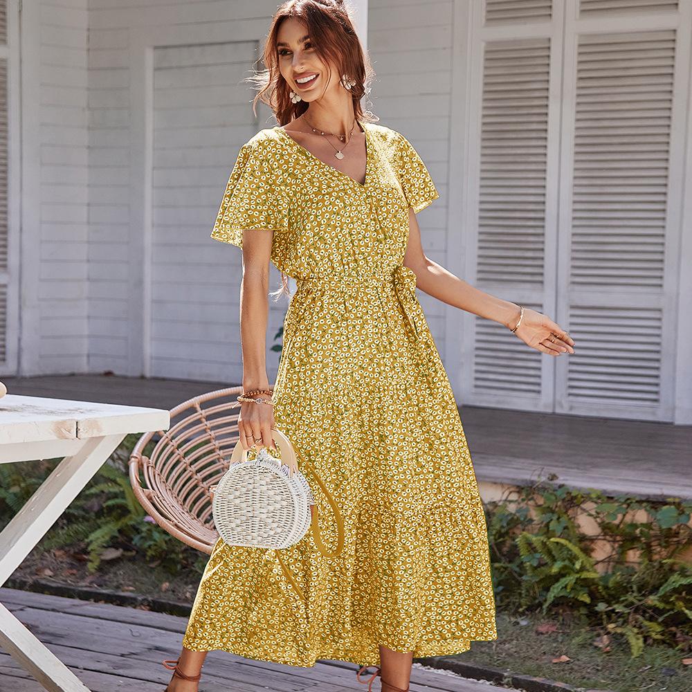 Vår Sommer Bandasje Print Kvinner Casual Kortermet Høy Wasit Floral Holiday Style Dame Lang Kjole