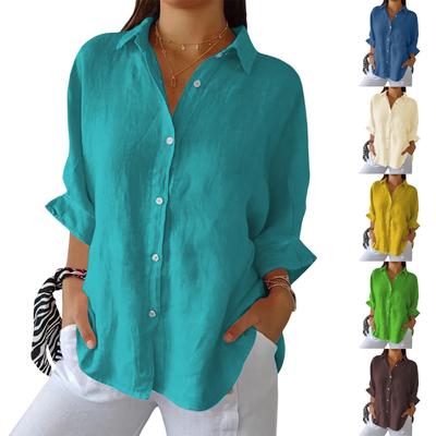 Moda Donna Tinta Unita Manica 3/4 Casual Revers Pizzo Dietro Camicia Top