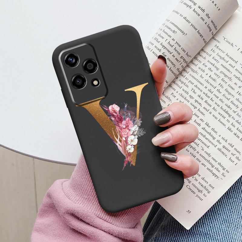 Gold Letter Case For Honor 200 Pro Lite Smart Black Shell Soft Cover For Honor 200Lite Protector Shockproof Funda Pink Flower