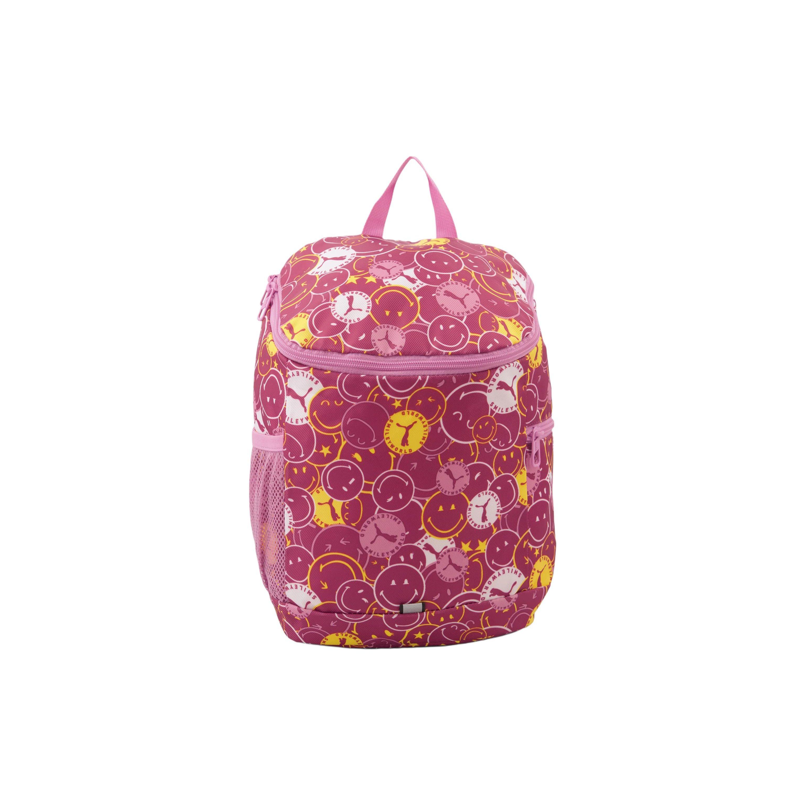 Puma X Smileyworld Collaboration Smiley Print Reflective Fabric Backpack Women Backpack Burgundy 078767-02 Burgundy